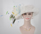 Wide Brim Kentucky Derby Floppy Sinamay Hat With Flowers  Millinery Church  Hat White w Powder Blue, Gold