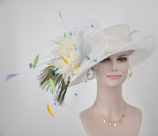 Sinamay Kentucky Derby Hat, White Floppy Brim with Peacock Feathers