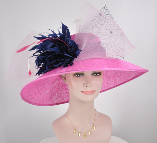 Sinamay Kentucky Derby Hat: Hot Pink Wide Brim with Navy & Pale Pink Bows