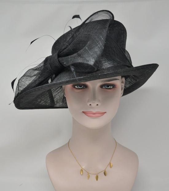 Wide Brim DerbyFloppy Sinamay Hat With Flowers  Millinery Church  Hat Black