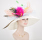 Wide Brim Sinamay Derby Hat: Feather Flower, Peacock Feathers