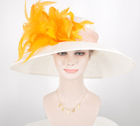 Derby Hat: White Sinamay Feather Flower - Tea Party Wedding