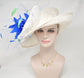 Wide Brim Sinamay Derby Hat: White & Royal Blue Floral Millinery