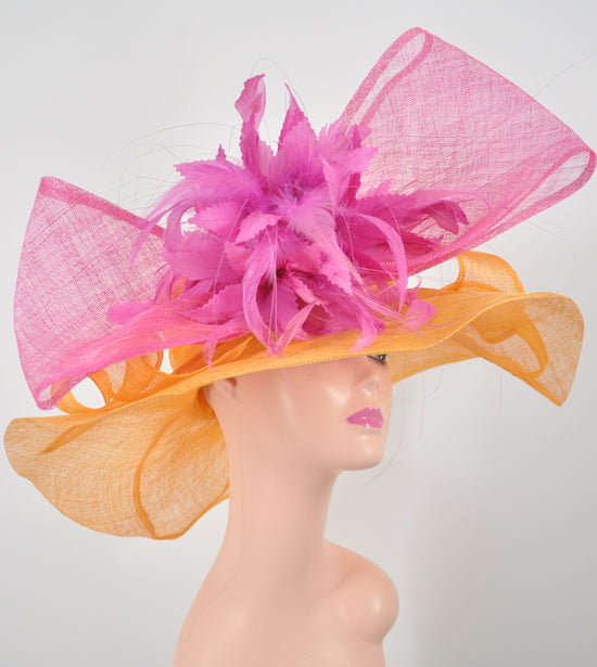 Orange Sinamay Kentucky Derby Hat, Hot Pink Feather Flower