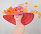 Orange & Hot Pink Feather Flower Derby Hat: Wide Brim Sinamay Straw Tea Party Hat