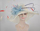 Wide Brim Sinamay Derby Hat: Ivory with Blue Feather Flower