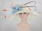 Wide Brim Sinamay Derby Hat: Ivory with Blue Feather Flower