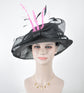 Wide Brim Black Sinamay Derby Hat: Pink Feather Church Millinery