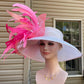 Wide Brim Kentucky Derby Hat, Ascot Hat for Wedding & Tea Party, Garden Party Hat, Mother of the Bride, Church-White Fuchsia Pink Peach
