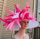 Wide Brim Kentucky Derby Hat, Ascot Hat for Wedding & Tea Party, Garden Party Hat, Mother of the Bride, Church-White Fuchsia Pink Peach