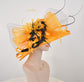 Orange Sinamay Derby Hat: Feather Flower Wide Brim