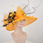 Orange Sinamay Derby Hat: Feather Flower Wide Brim