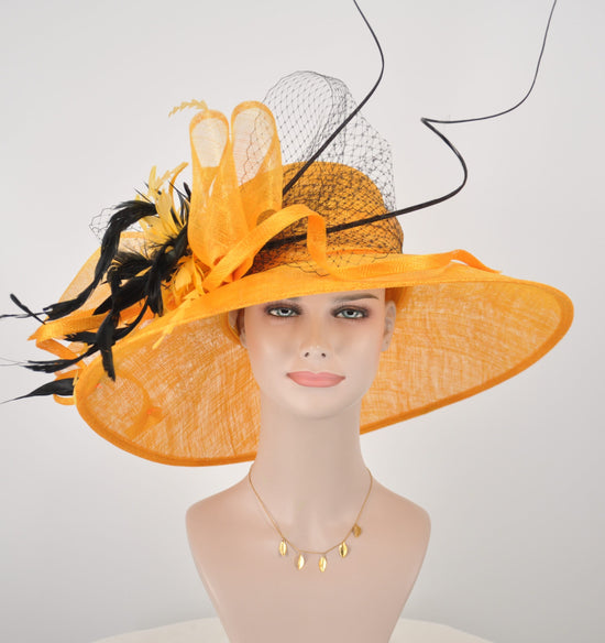 Orange Sinamay Derby Hat: Feather Flower Wide Brim