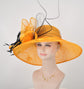 Orange Sinamay Derby Hat: Feather Flower Wide Brim