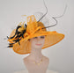 Orange Sinamay Derby Hat: Feather Flower Wide Brim