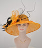 Orange Sinamay Derby Hat: Feather Flower Wide Brim