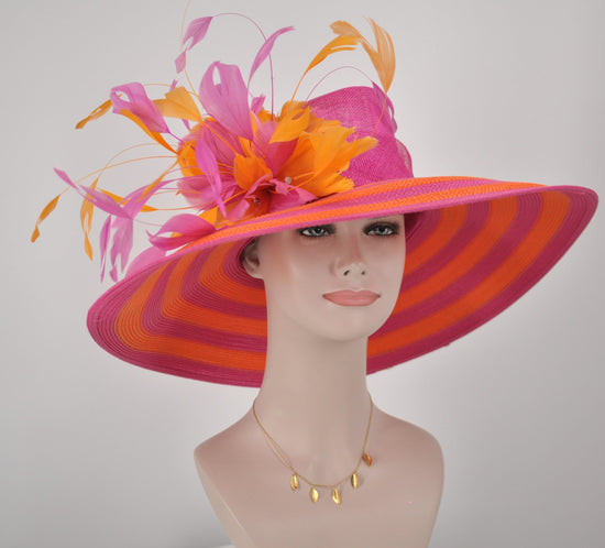 Orange & Hot Pink Feather Flower Derby Hat - Wide Brim Sinamay Straw