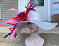 White w Red Purple Feathers Kentucky Derby Hat, Tea Party Hat