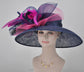 Navy Sinamay Derby Hat: Hot Pink Feather Flowers, Peacock Feathers