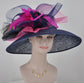 Navy Sinamay Derby Hat: Hot Pink Feather Flowers, Peacock Feathers