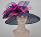 Navy Sinamay Derby Hat: Hot Pink Feather Flowers, Peacock Feathers