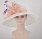 Sinamay Derby Hat: Wide Brim Off White with Blush Pink Feather Flower