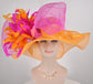 Orange Sinamay Kentucky Derby Hat: Hot Pink Bow & Feather Flowers