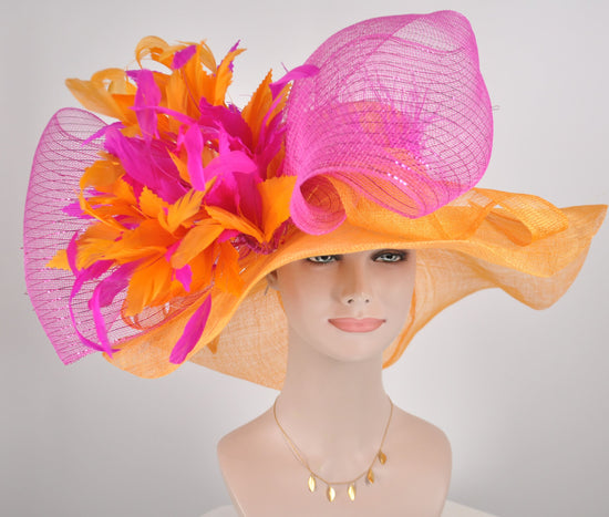 Orange Sinamay Kentucky Derby Hat: Hot Pink Bow & Feather Flowers