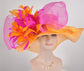 Orange Sinamay Kentucky Derby Hat: Hot Pink Bow & Feather Flowers