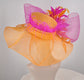 Orange Sinamay Kentucky Derby Hat: Hot Pink Bow & Feather Flowers
