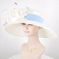 White w Colorful Feather Flowers Powder Blue Trim Kentucky Derby,Tea Party Carriage Party Royal AscotWide Brim Sinamay Hat