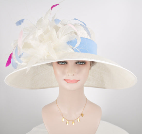 Wide Brim Sinamay Derby Hat, White Feather Flowers, Royal Ascot