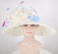 White w Colorful Feather Flowers Powder Blue Trim Kentucky Derby,Tea Party Carriage Party Royal AscotWide Brim Sinamay Hat