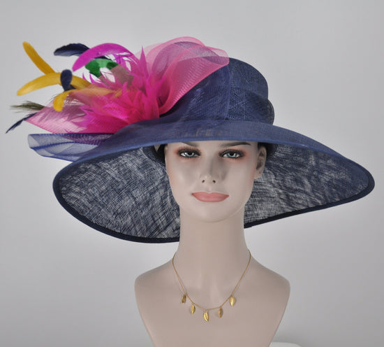 Navy Sinamay Derby Hat: Feather Flowers Wide Brim Tea Party Hat