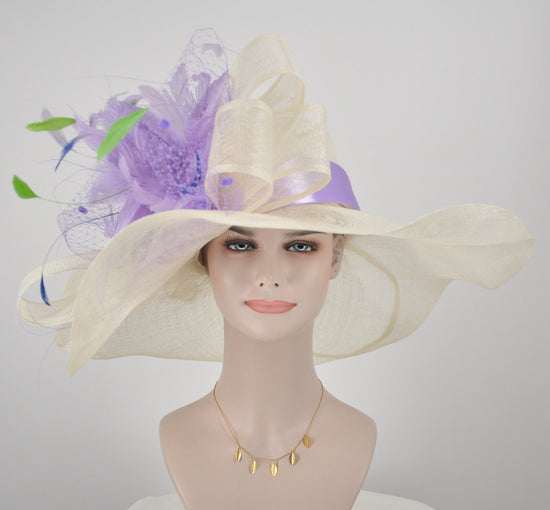 Ivory Sinamay Kentucky Derby Hat: Lavender Feather Flower Wide Brim