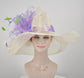 Ivory Sinamay Kentucky Derby Hat: Lavender Feather Flower Wide Brim