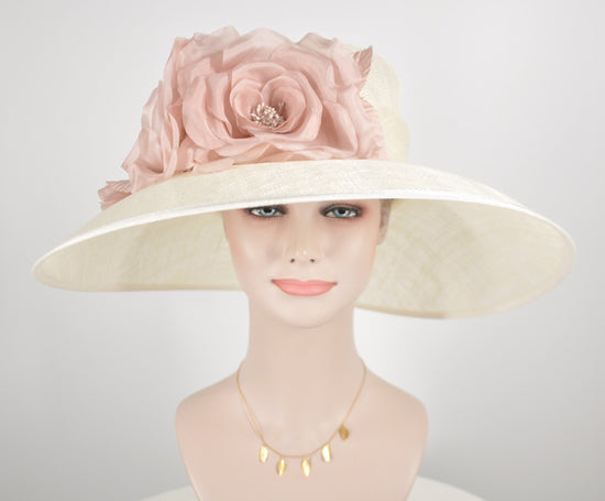 Sinamay Kentucky Derby Hat: Ivory Wide Brim with Dusty Pink Silk Flower