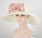 Sinamay Kentucky Derby Hat: Ivory Wide Brim with Dusty Pink Silk Flower