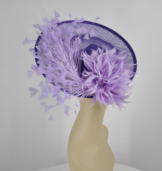 Lavender Sinamay Disc Fascinator Hat with  Jumbo Goose Feather Flowers  15 colors available