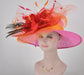 Church Kentucky Derby Hat Wide Brim Sinamay Hat Carriage Tea Party Wedding  Hot Pink w Orange Red Peacock Feathers