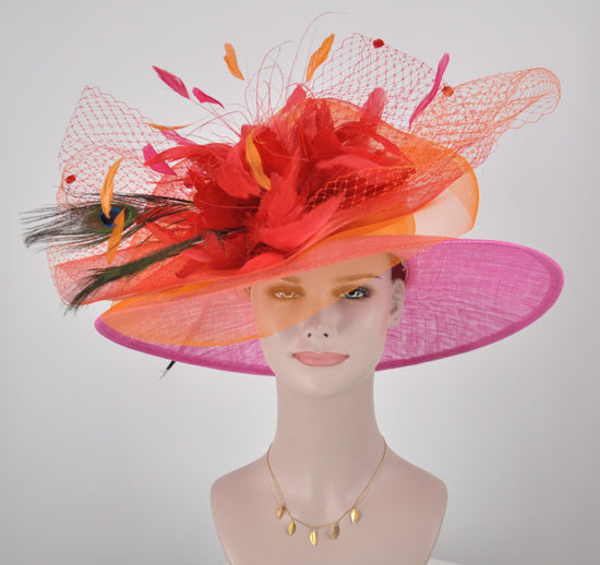 Wide Brim Kentucky Derby Hat, Ascot Hat for Wedding & Tea Party, Garden Party Hat, Mother of the Bride, Church Hot Pink, Orange, Red Peacock