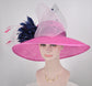 Sinamay Kentucky Derby Hat: Hot Pink Wide Brim with Navy & Pale Pink Bows