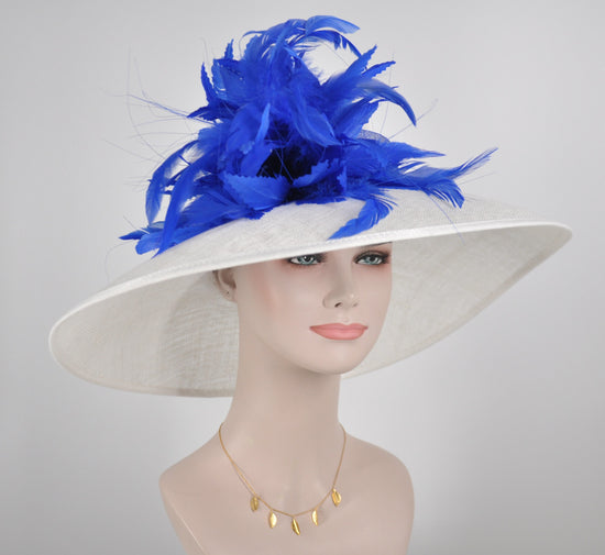 Wide Brim Sinamay Derby Hat: White with Feather Flower