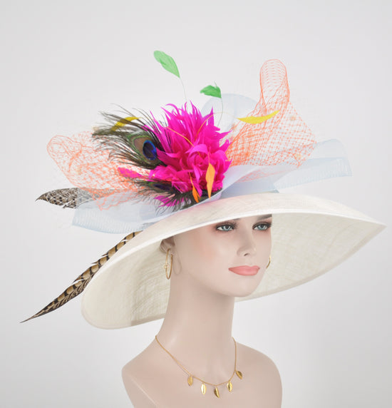 Wide Brim Sinamay Derby Hat: Feather Flower, Peacock Feathers