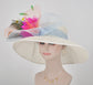 Wide Brim Sinamay Derby Hat: Feather Flower, Peacock Feathers