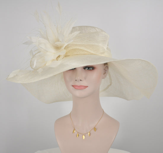 Feather Flower Sinamay Derby Hat, Ivory Wedding Church Hat