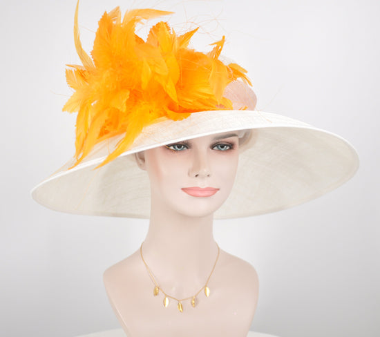 Kentucky Derby Hat: White Sinamay Feather Flower - Tea Party Wedding