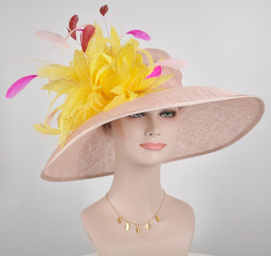 Dusty Pink Kentucky Derby Hat: Yellow Feather Flower Tea Party Hat
