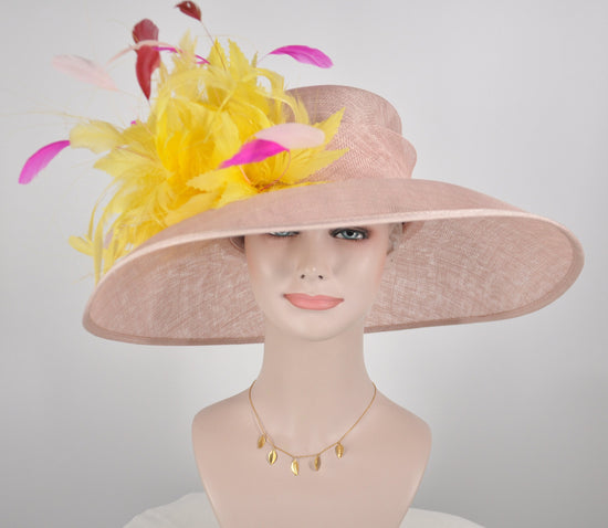 Dusty Pink Derby Hat: Yellow Feather Flower Tea Party Hat