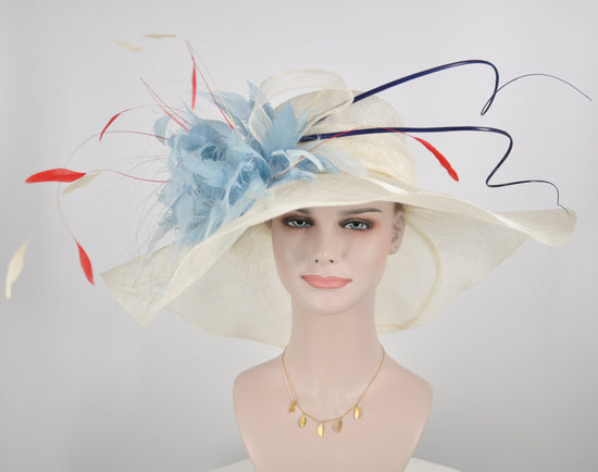 Wide Brim Sinamay Derby Hat: Ivory with Blue Feather Flower